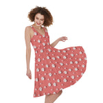 Pink And White Animal Paw Pattern Print Women's Sleeveless Dress