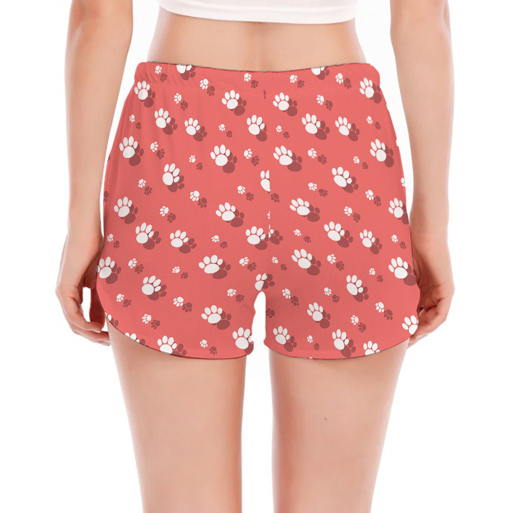 Pink And White Animal Paw Pattern Print Women's Split Running Shorts