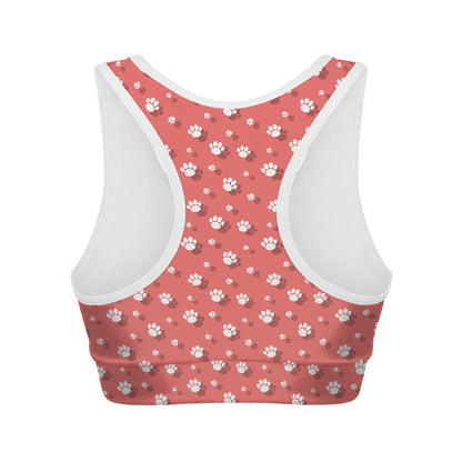 Pink And White Animal Paw Pattern Print Women's Sports Bra