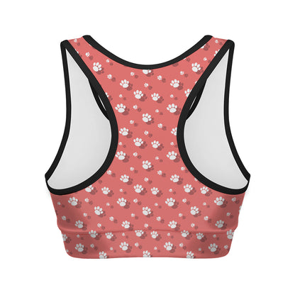 Pink And White Animal Paw Pattern Print Women's Sports Bra