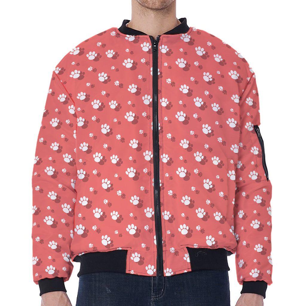 Pink And White Animal Paw Pattern Print Zip Sleeve Bomber Jacket