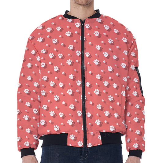 Pink And White Animal Paw Pattern Print Zip Sleeve Bomber Jacket