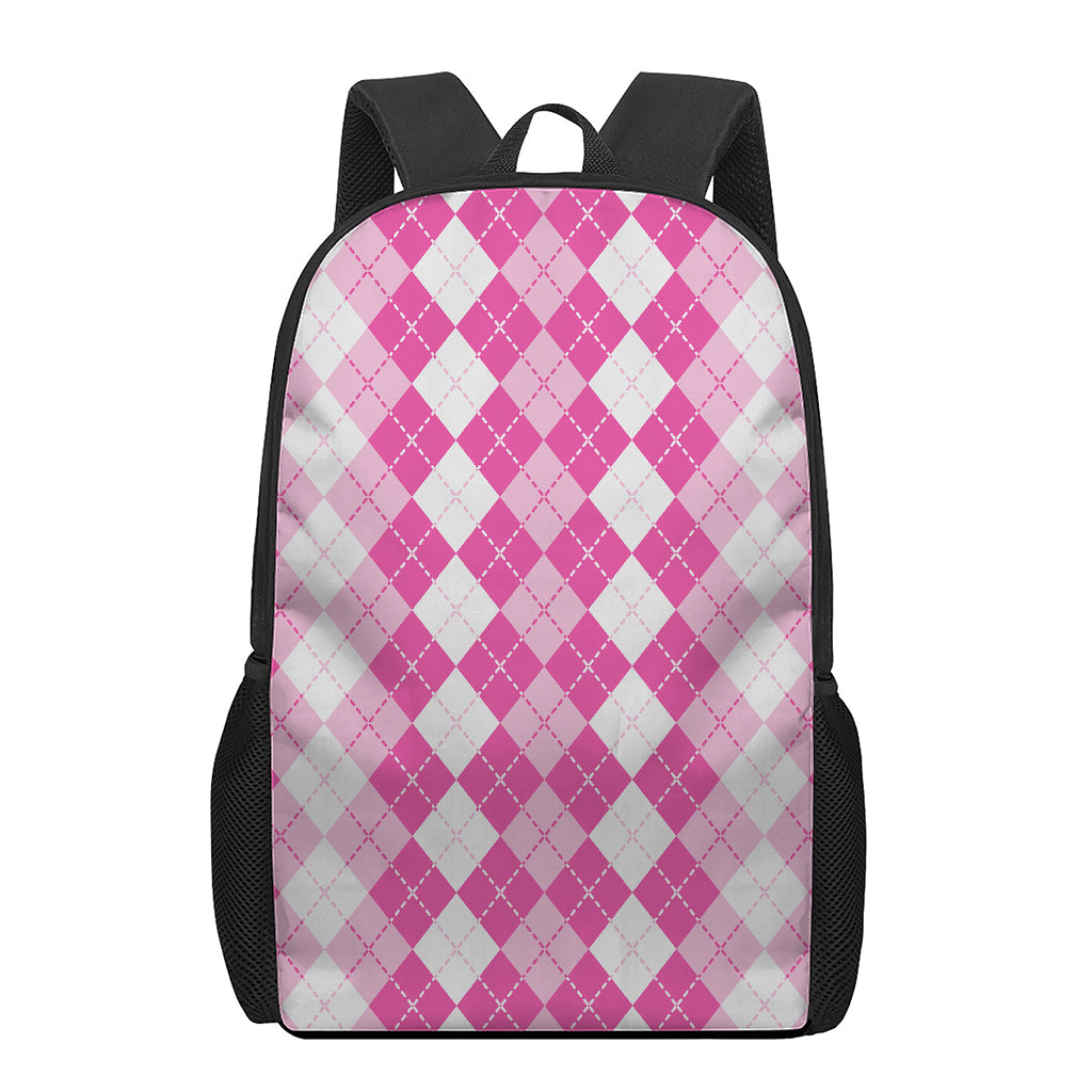 Pink And White Argyle Pattern Print 17 Inch Backpack