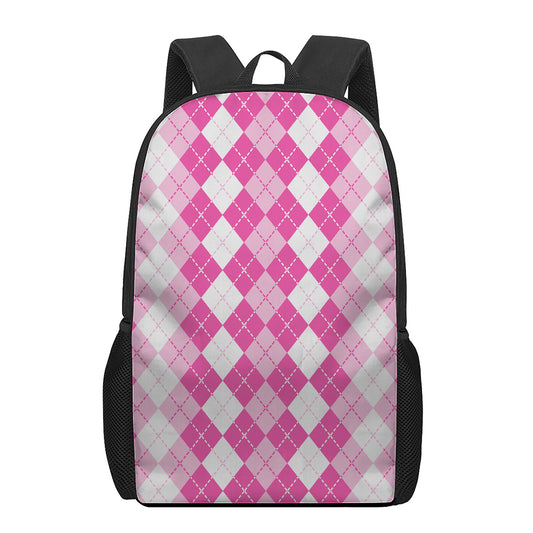 Pink And White Argyle Pattern Print 17 Inch Backpack