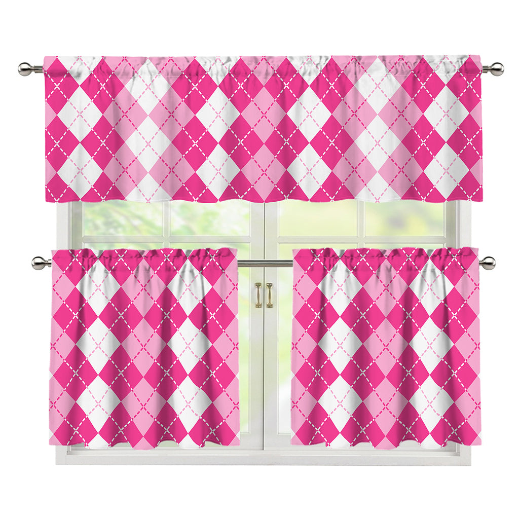 Pink And White Argyle Pattern Print 3 Piece Kitchen Curtains