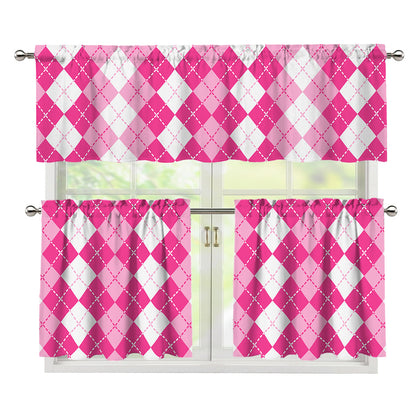 Pink And White Argyle Pattern Print 3 Piece Kitchen Curtains