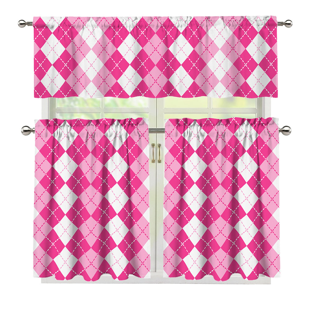 Pink And White Argyle Pattern Print 3 Piece Kitchen Curtains