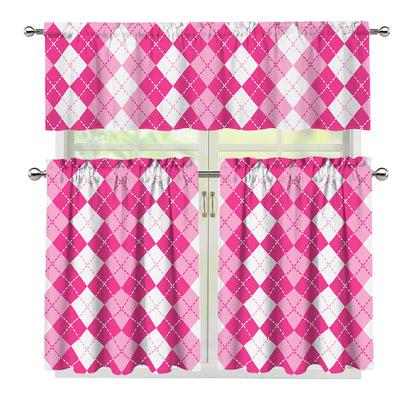 Pink And White Argyle Pattern Print 3 Piece Kitchen Curtains