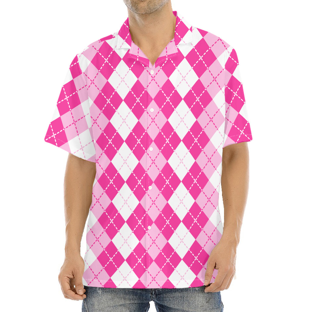 Pink And White Argyle Pattern Print Aloha Shirt