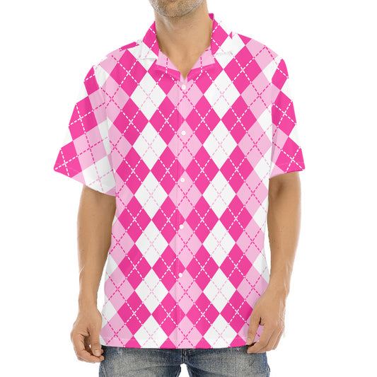 Pink And White Argyle Pattern Print Aloha Shirt