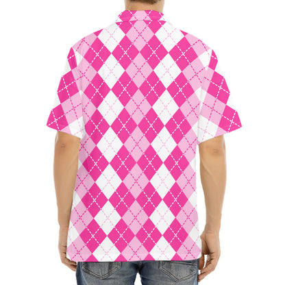 Pink And White Argyle Pattern Print Aloha Shirt