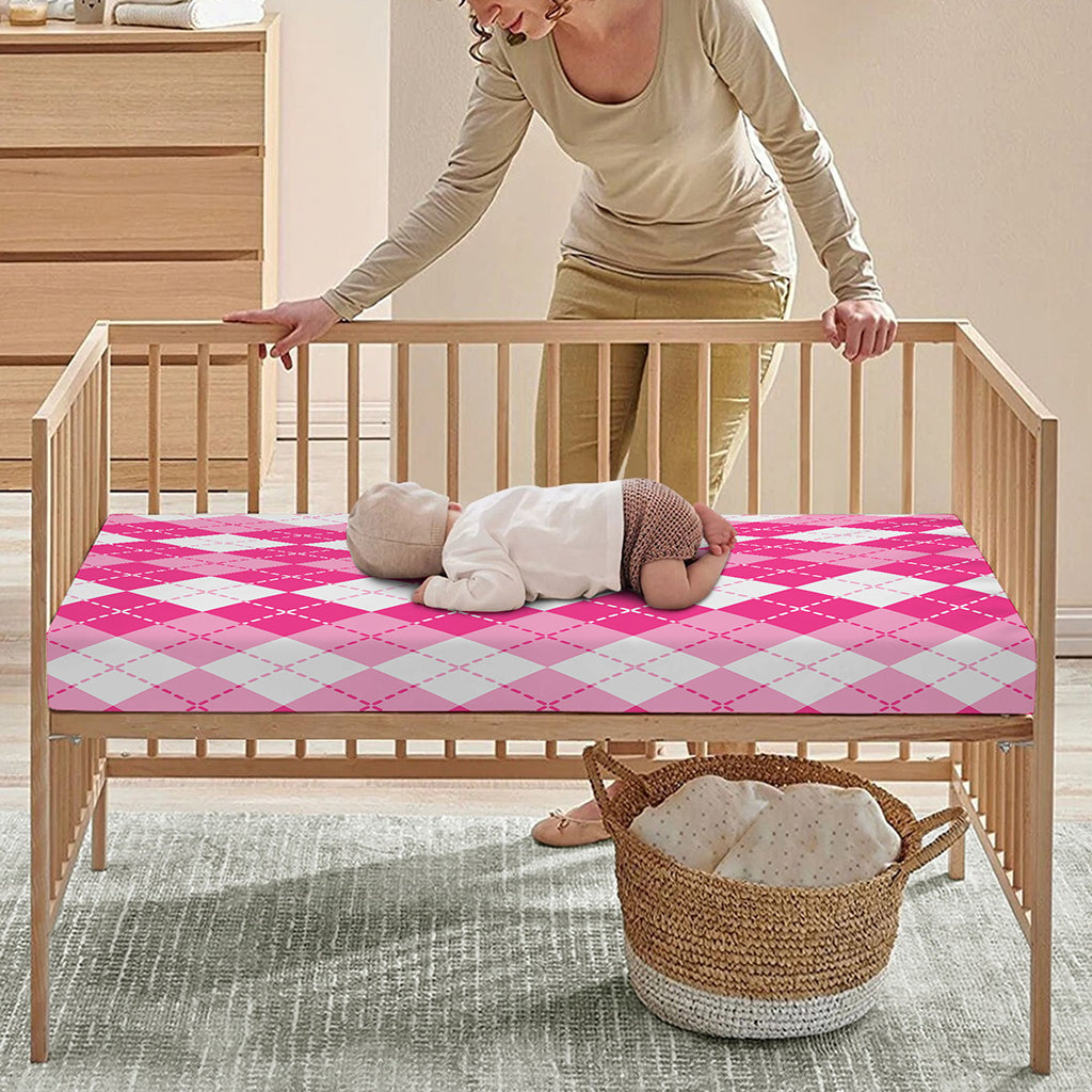 Pink And White Argyle Pattern Print Baby Crib Sheet