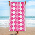 Pink And White Argyle Pattern Print Beach Towel