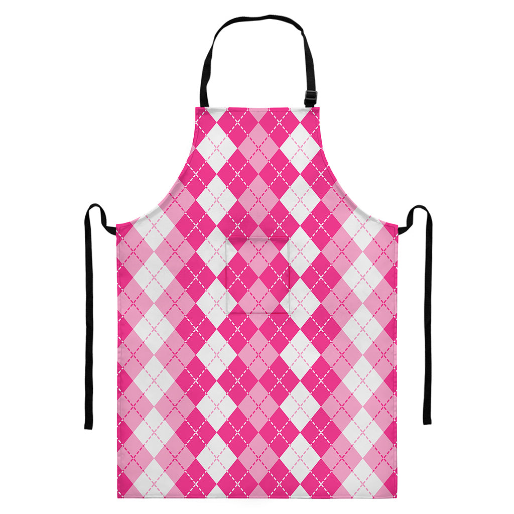 Pink And White Argyle Pattern Print Bib Apron With Pocket