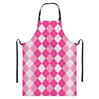 Pink And White Argyle Pattern Print Bib Apron With Pocket