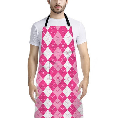 Pink And White Argyle Pattern Print Bib Apron With Pocket