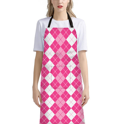 Pink And White Argyle Pattern Print Bib Apron With Pocket