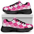 Pink And White Argyle Pattern Print Black Chunky Shoes
