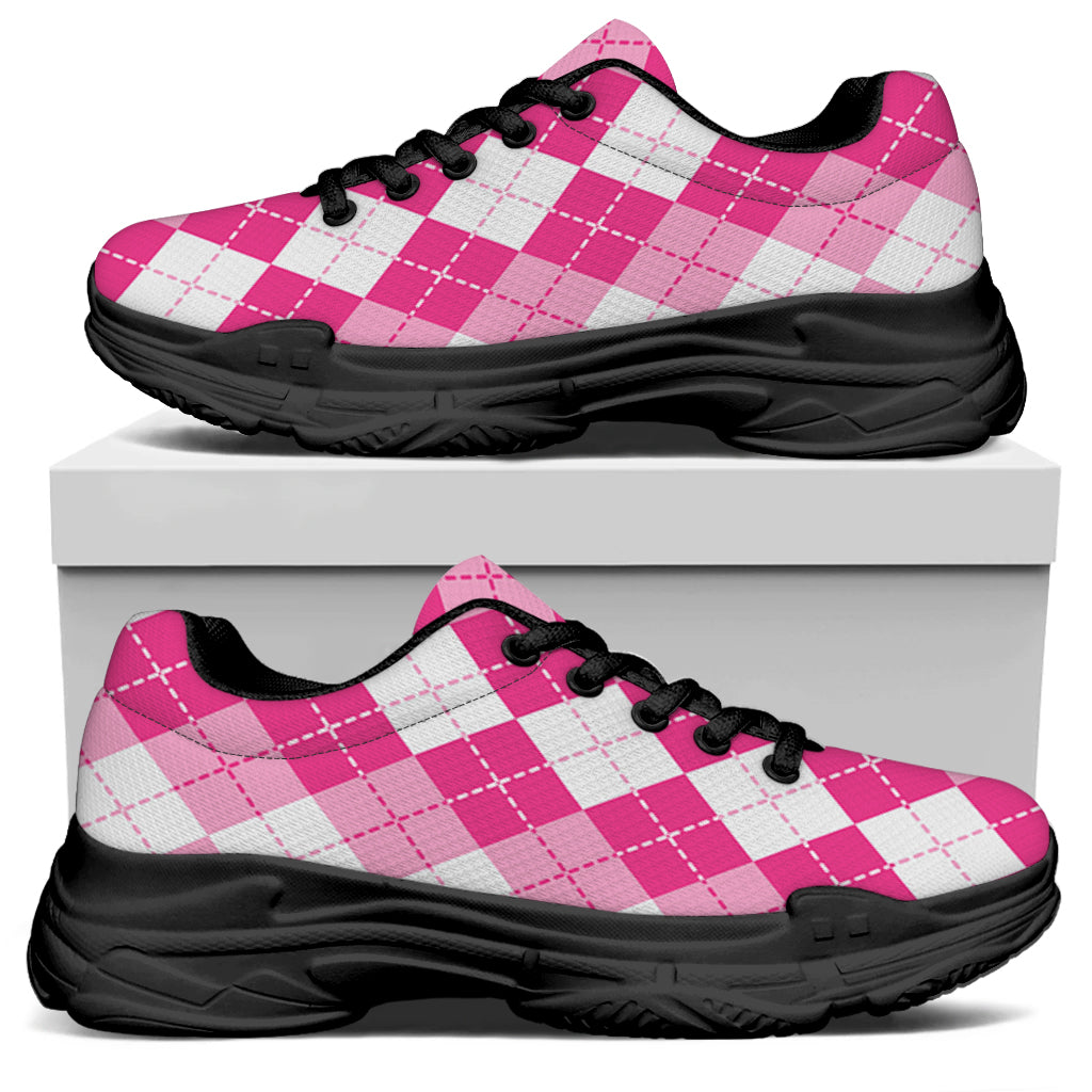 Pink And White Argyle Pattern Print Black Chunky Shoes