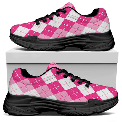 Pink And White Argyle Pattern Print Black Chunky Shoes