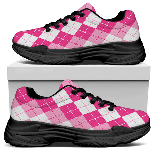 Pink And White Argyle Pattern Print Black Chunky Shoes