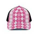 Pink And White Argyle Pattern Print Black Mesh Trucker Cap