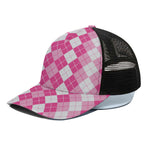 Pink And White Argyle Pattern Print Black Mesh Trucker Cap