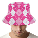 Pink And White Argyle Pattern Print Bucket Hat