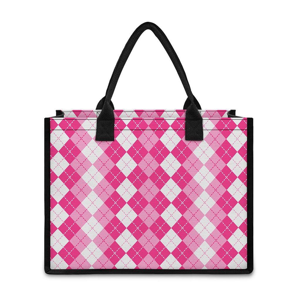 Pink And White Argyle Pattern Print Canvas Tote Bag