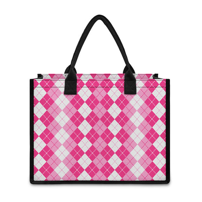 Pink And White Argyle Pattern Print Canvas Tote Bag