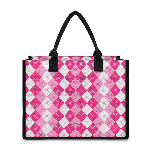 Pink And White Argyle Pattern Print Canvas Tote Bag