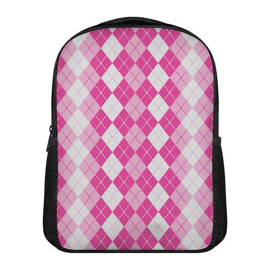 Pink And White Argyle Pattern Print Casual Backpack