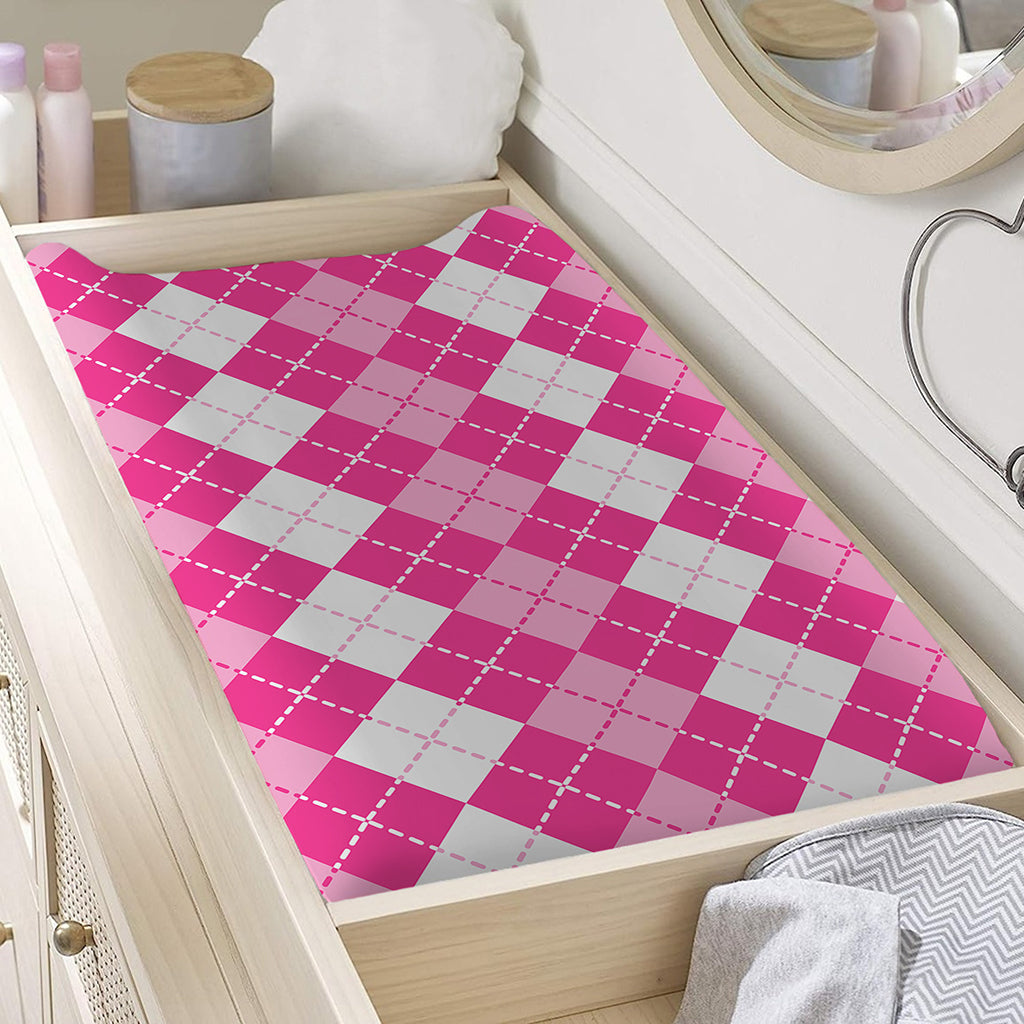 Pink And White Argyle Pattern Print Changing Pad Cover