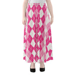 Pink And White Argyle Pattern Print Chiffon Maxi Skirt