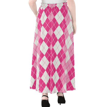 Pink And White Argyle Pattern Print Chiffon Maxi Skirt