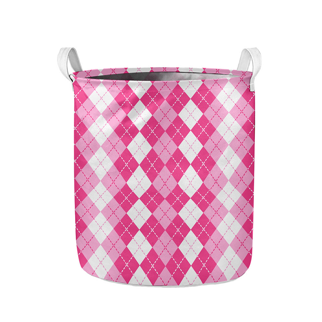 Pink And White Argyle Pattern Print Collapsible Laundry Basket
