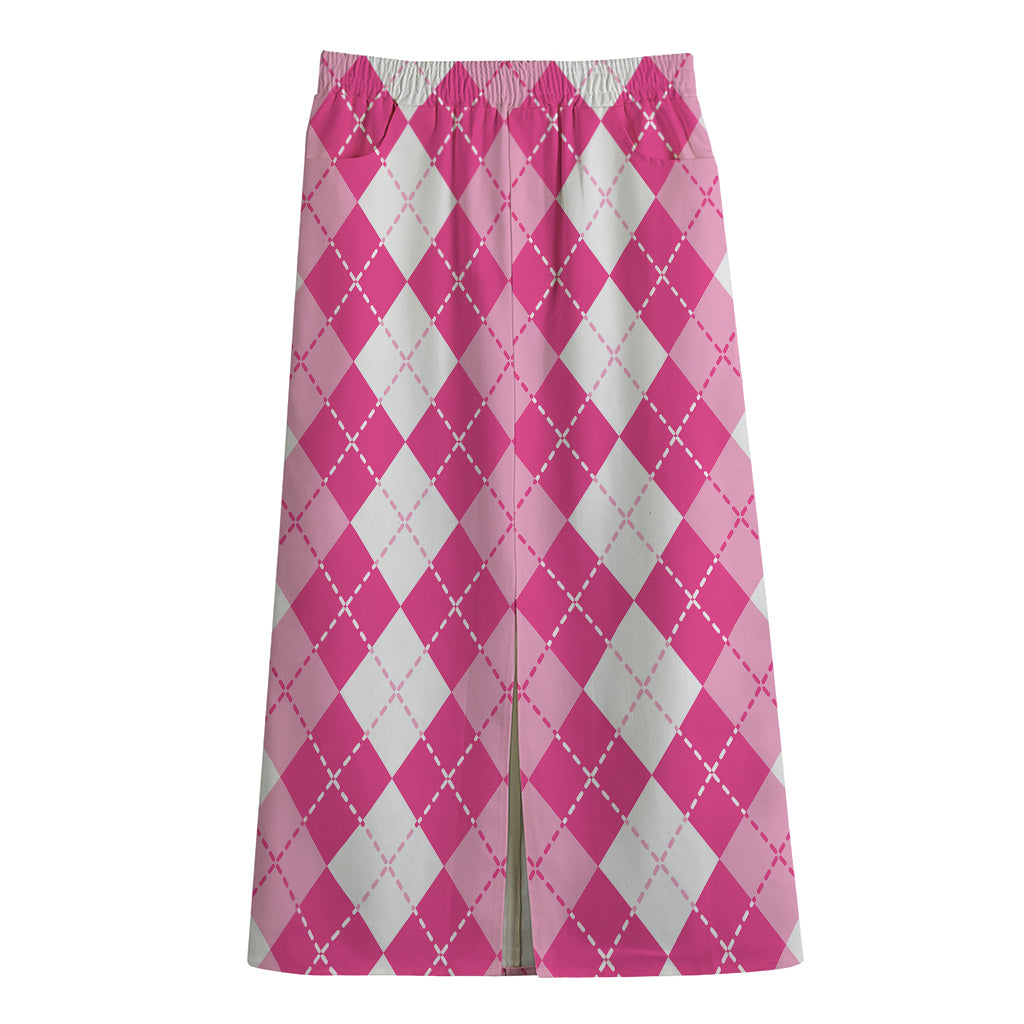 Pink And White Argyle Pattern Print Cotton Front Slit Maxi Skirt