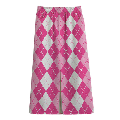 Pink And White Argyle Pattern Print Cotton Front Slit Maxi Skirt
