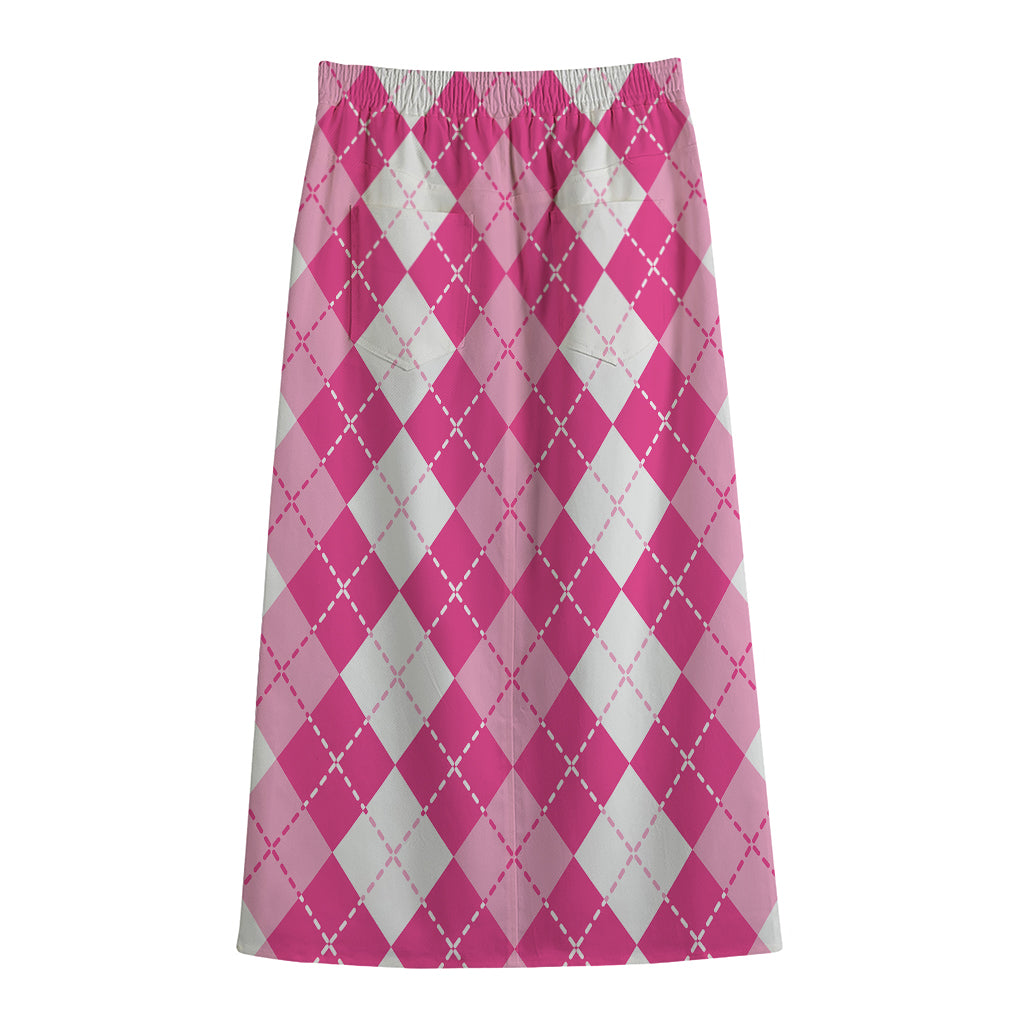 Pink And White Argyle Pattern Print Cotton Front Slit Maxi Skirt
