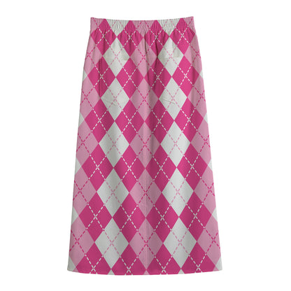 Pink And White Argyle Pattern Print Cotton Front Slit Maxi Skirt