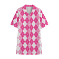 Pink And White Argyle Pattern Print Cotton Hawaiian Shirt