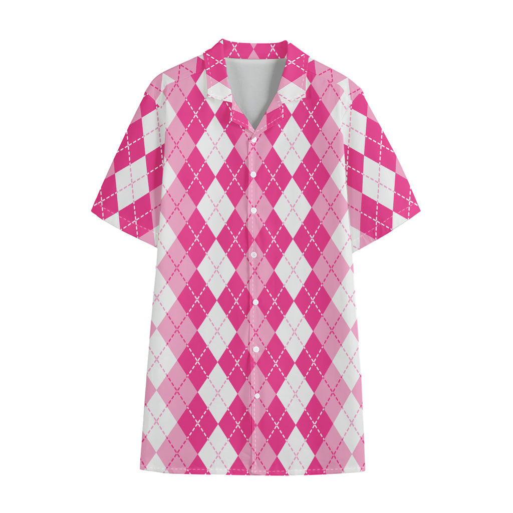 Pink And White Argyle Pattern Print Cotton Hawaiian Shirt