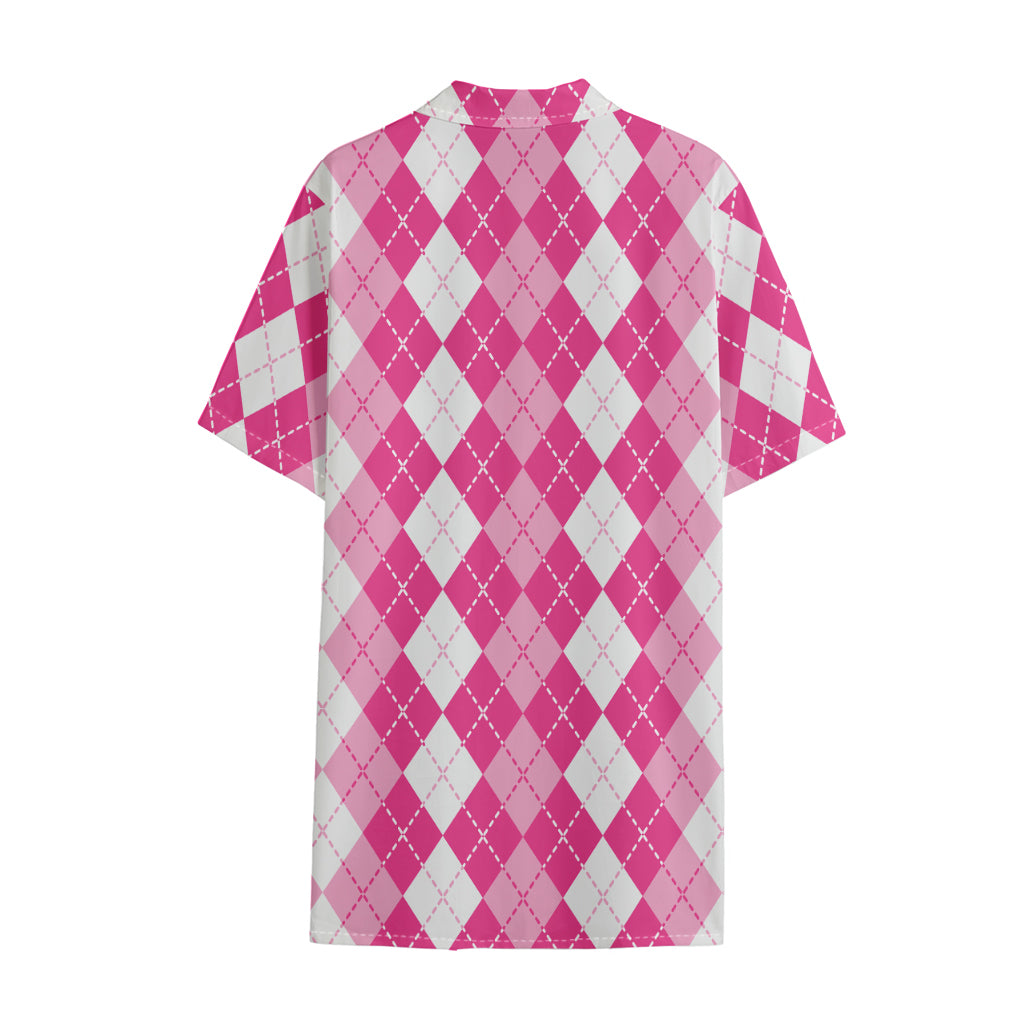 Pink And White Argyle Pattern Print Cotton Hawaiian Shirt