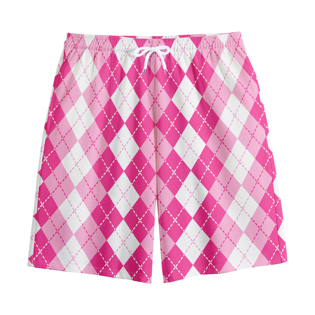 Pink And White Argyle Pattern Print Cotton Shorts