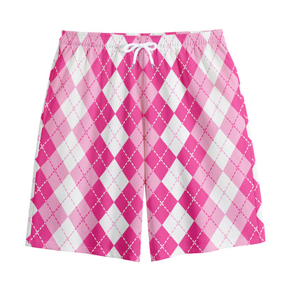 Pink And White Argyle Pattern Print Cotton Shorts
