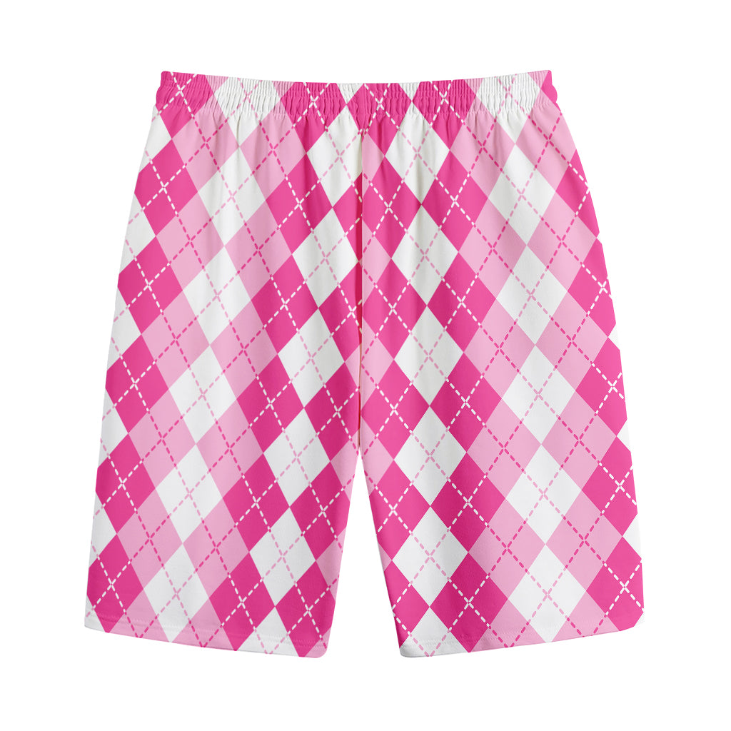 Pink And White Argyle Pattern Print Cotton Shorts