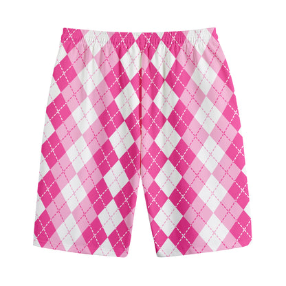 Pink And White Argyle Pattern Print Cotton Shorts