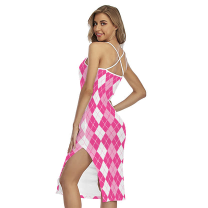 Pink And White Argyle Pattern Print Cross Back Cami Dress