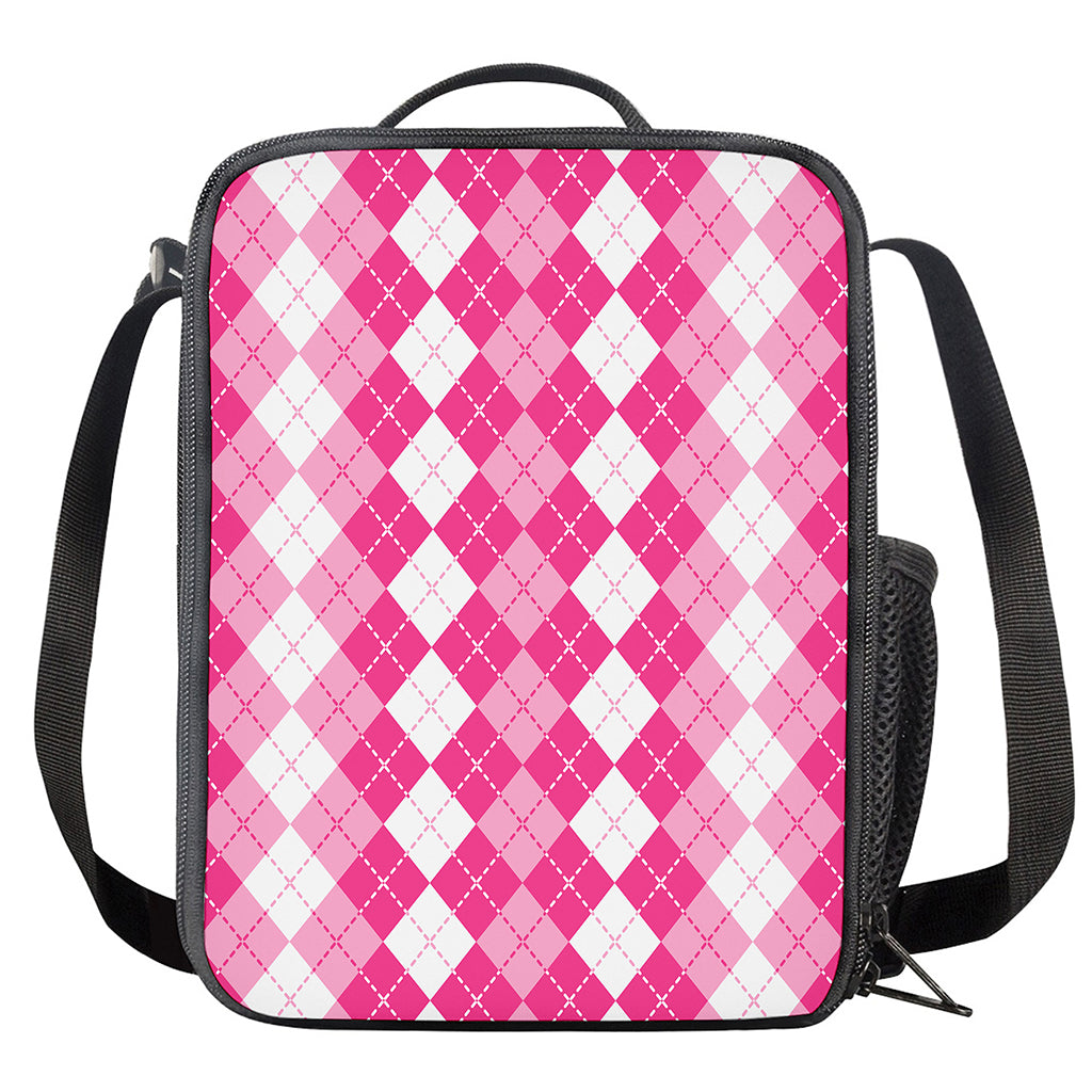 Pink And White Argyle Pattern Print Crossbody Lunch Bag