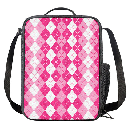 Pink And White Argyle Pattern Print Crossbody Lunch Bag
